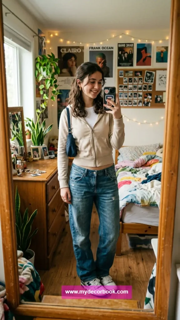 5. Zip-Up Hoodie With Low-Rise Baggy Jeans
