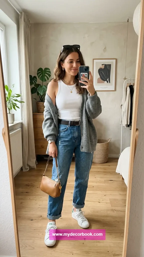 6. Ribbed Tank With Relaxed Jeans and a Cardigan