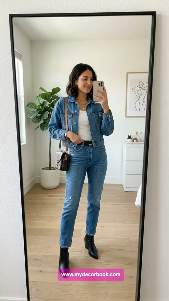 7. Cropped Denim Jacket With High Waist Jeans
