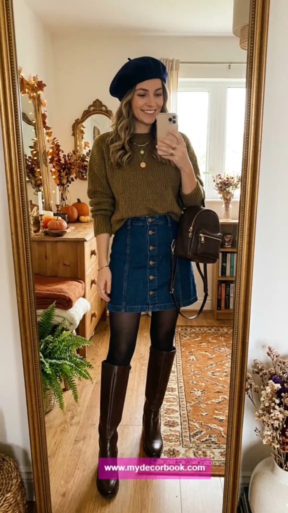7. Denim Skirt With Knee-High Boots