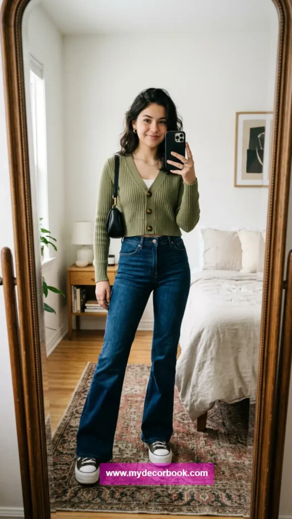 7. Flared Jeans With a Fitted Cardigan