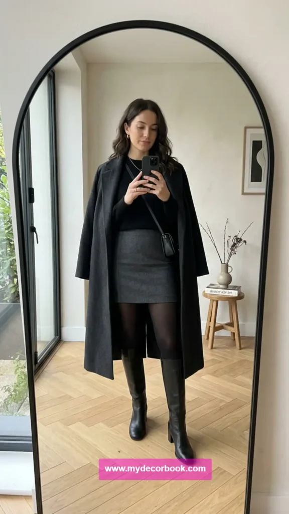 7. Mini Skirt With Opaque Tights and Knee-High Boots