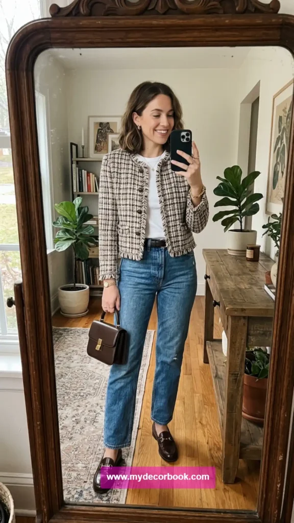 7. Tweed Jacket With Straight-Leg Jeans