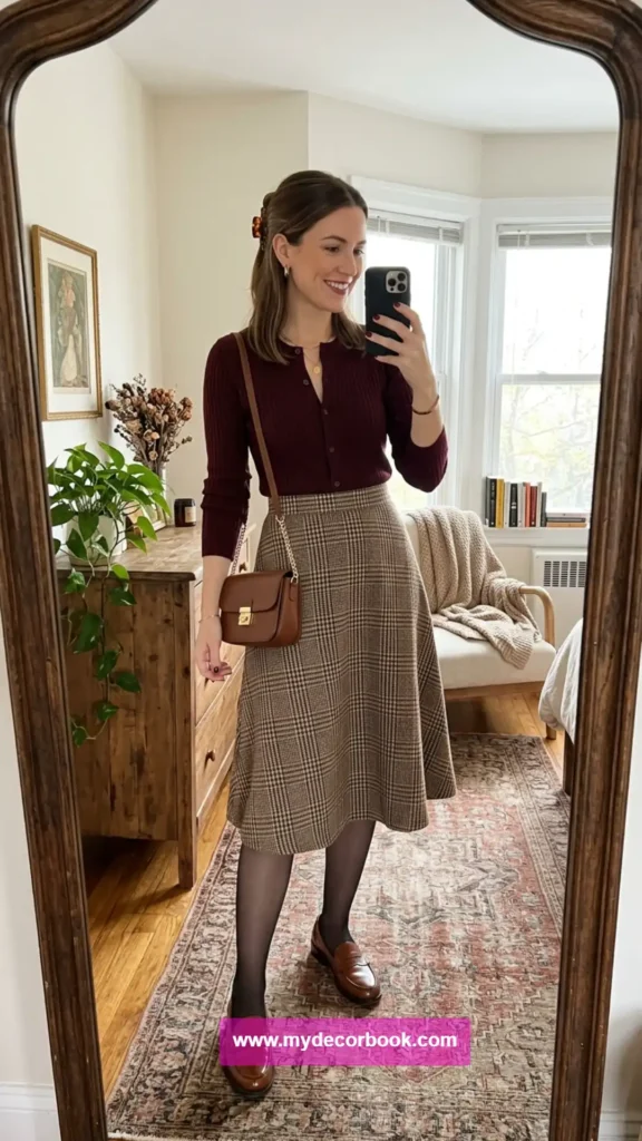 8. Burgundy Cardigan With a Plaid A-Line Skirt