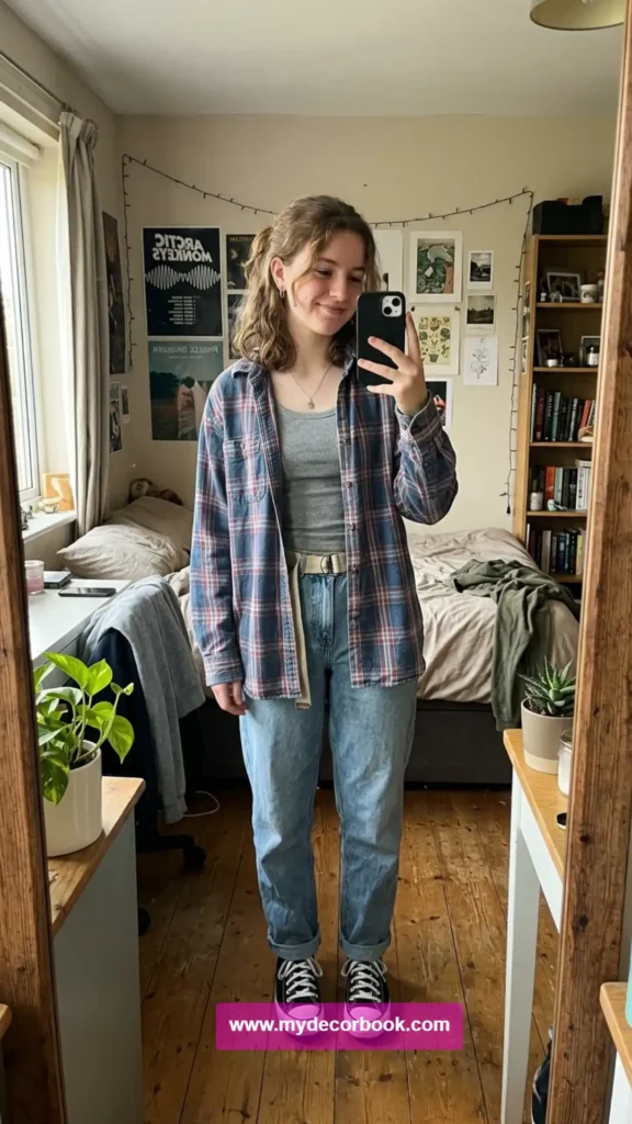 8. Oversized Flannel With Tank Top and Loose Jeans