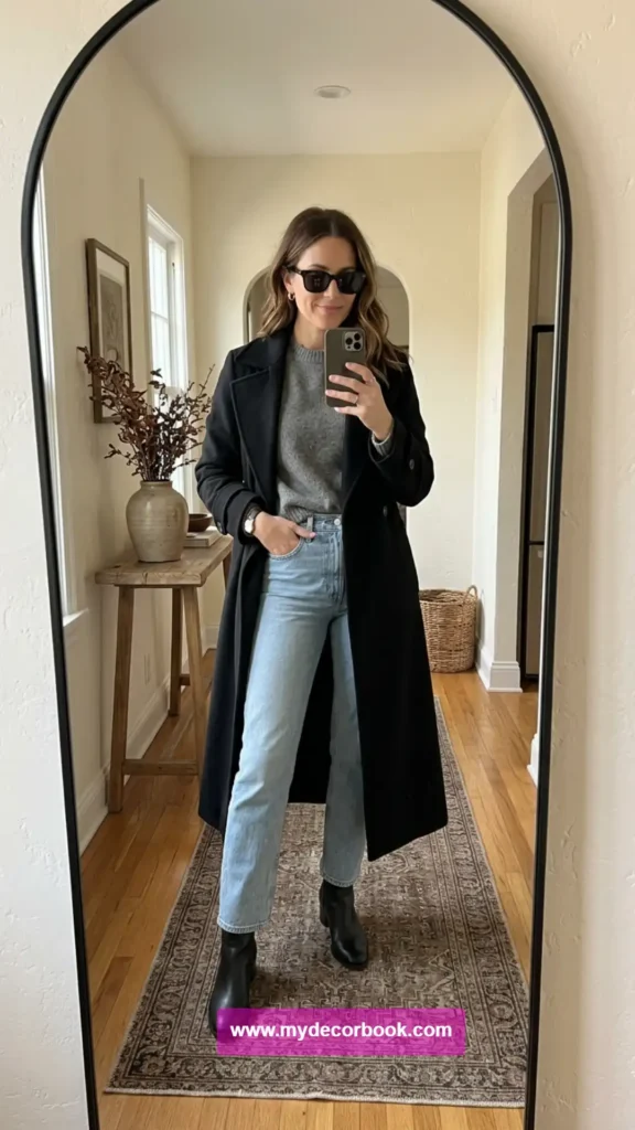 9. Long Black Coat With Light-Wash Denim