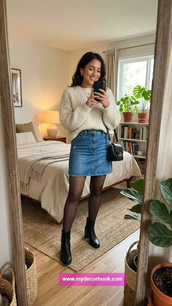 9. Oversized Sweater With Denim Skirt