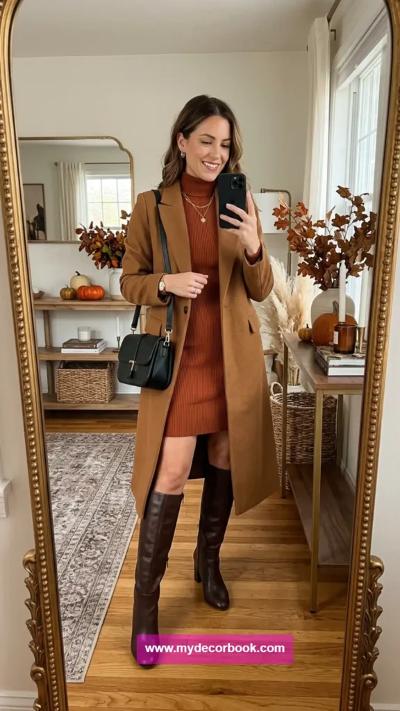 9. Turtleneck Dress With Tall Boots